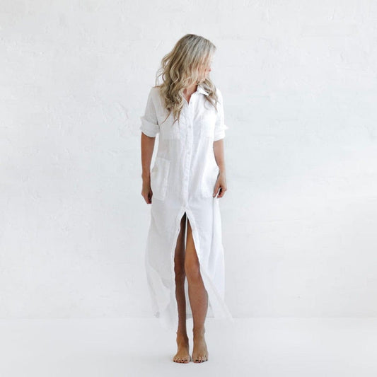 Seaside Tones Maxi Shirt Dress - White