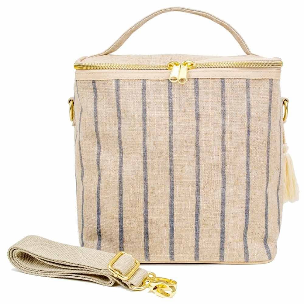 SoYoung Large Raw Linen Lunch Poche Insulated Cooler Bag - Slate Pinstripe