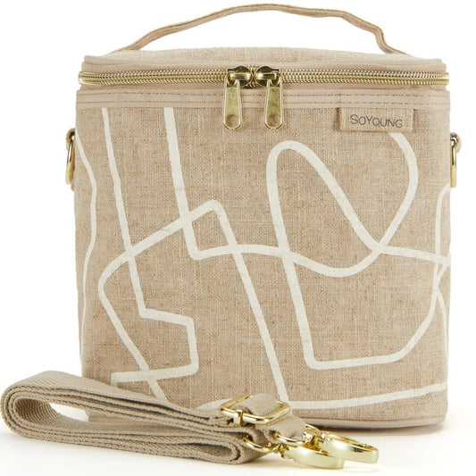 SoYoung Petite Raw Linen Lunch Poche Insulated Cooler Bag - White Abstract Lines