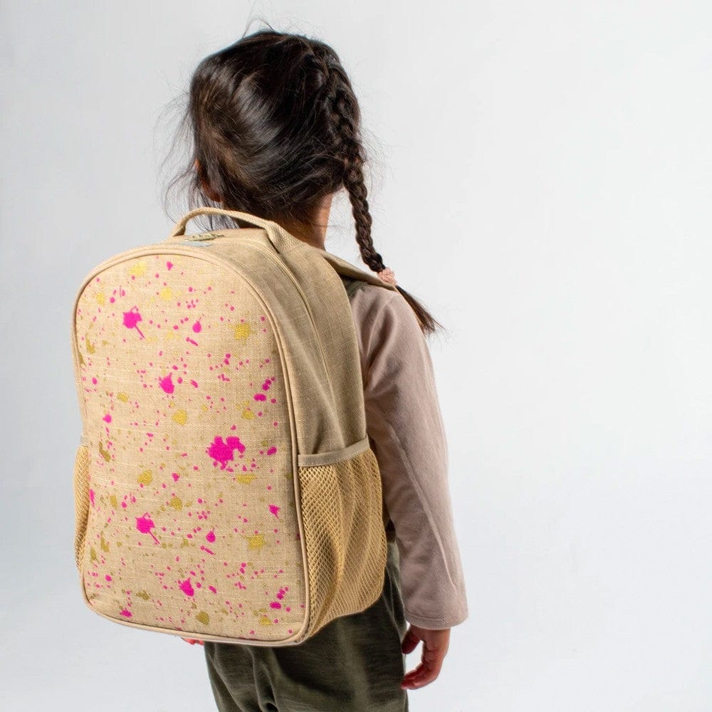 SoYoung Raw Linen Toddler Backpack - Fuchsia Gold Splatter
